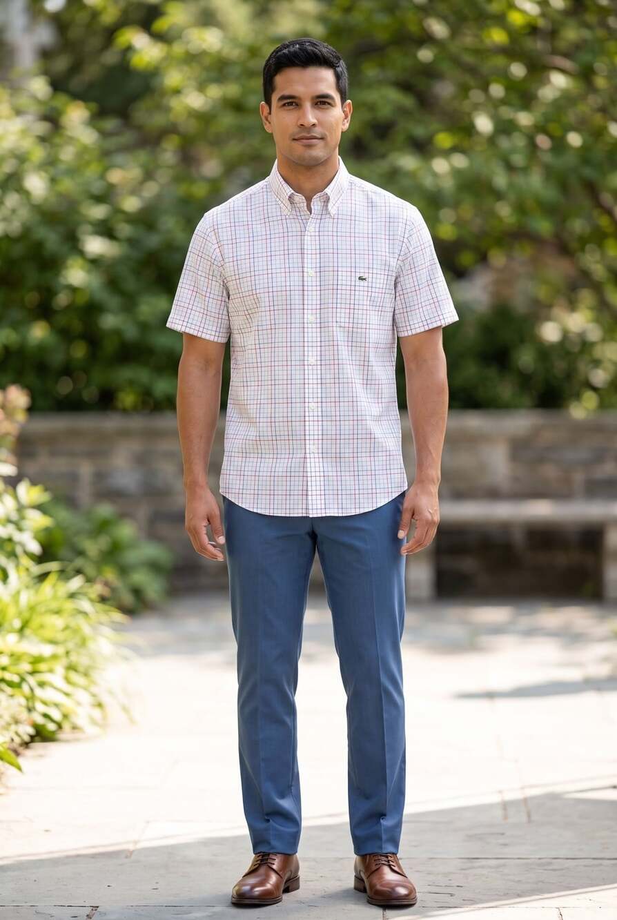 Lacoste Short Sleeve Plaid Button-Down Shirt Size 44 Multi-Color XL